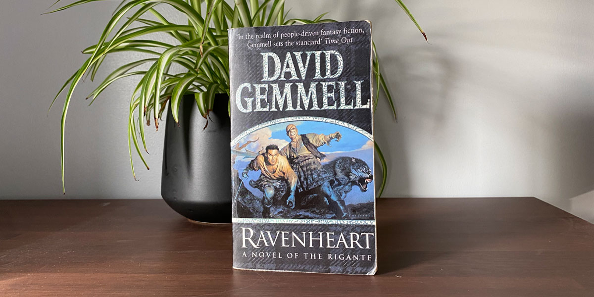 Ravenheart by David Gemmell, pictured on a shelf in front of a spider plant