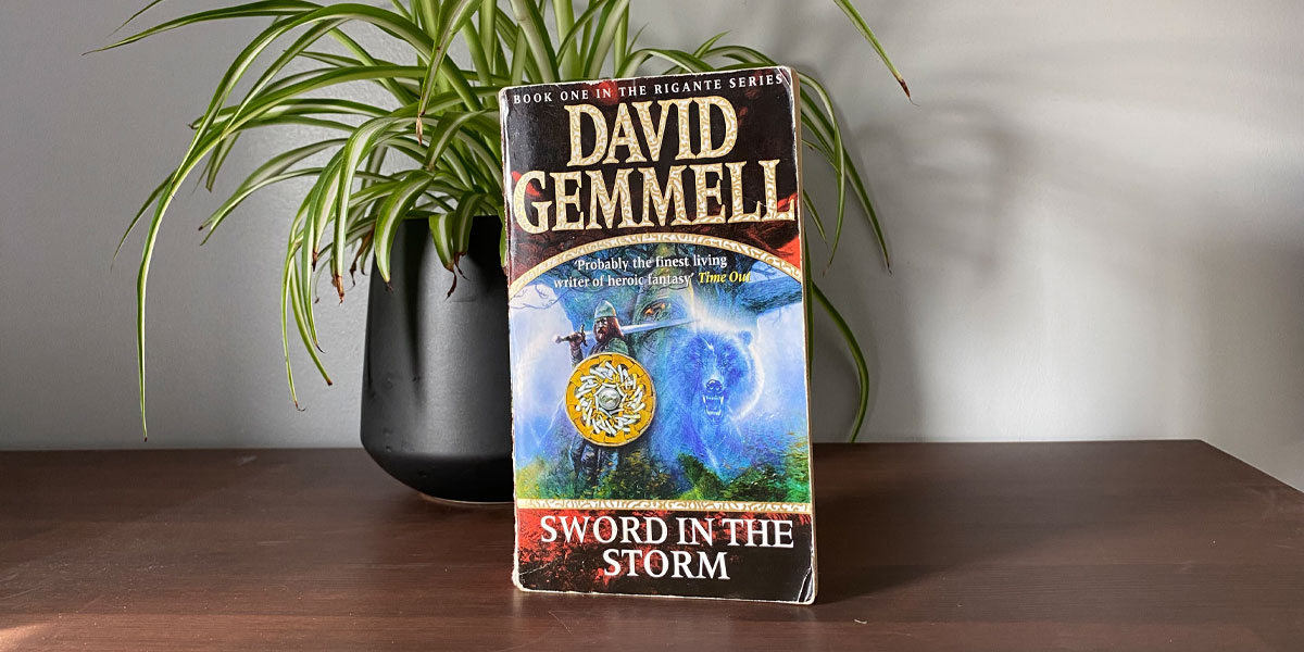 Sword in the Storm by David Gemmell, pictured on a shelf in front of a spider plant