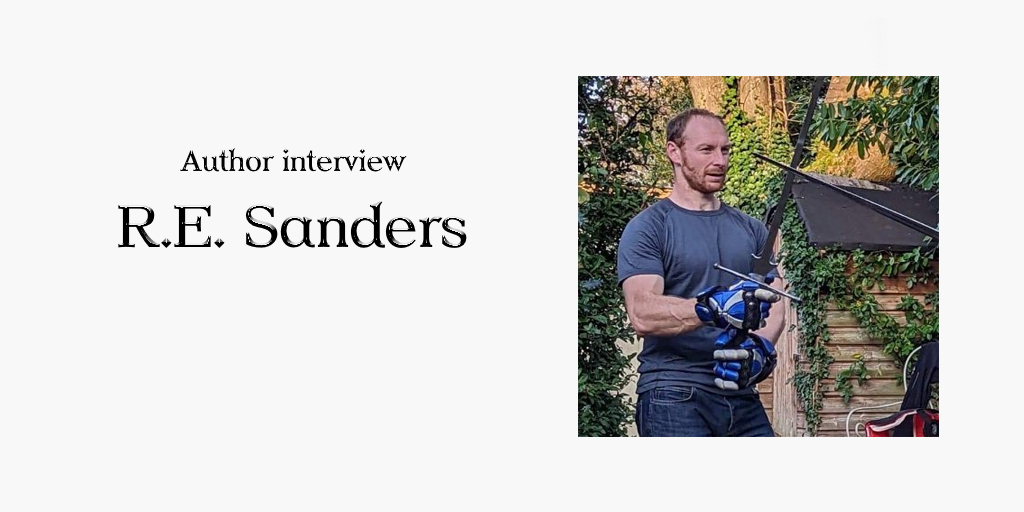 Text reads "Author interview with R.E. Sanders" next to a headshot of R.E. Sanders